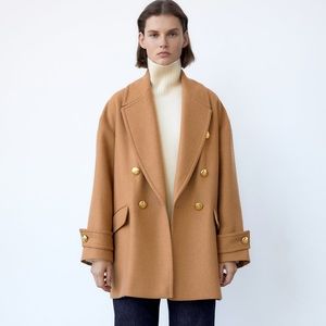 Zara gold button camel coat- double breasted
